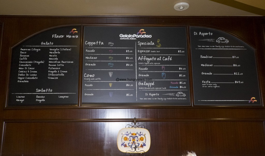 Gelato Paradiso menu.