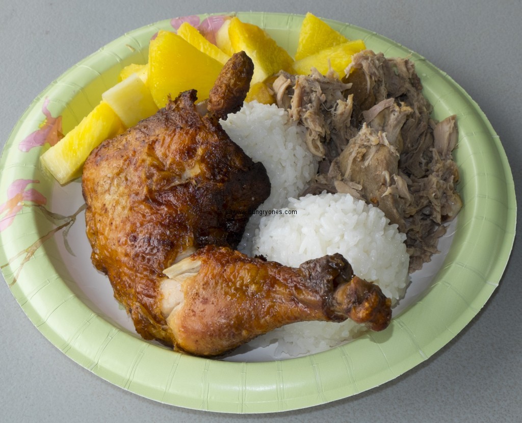 Huli huli chicken, kalua pork, Hawaiian pineapple.