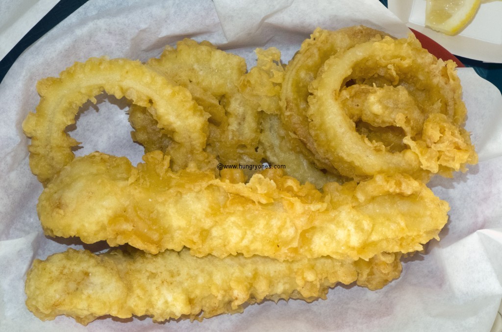 Fried cod and onion rings.