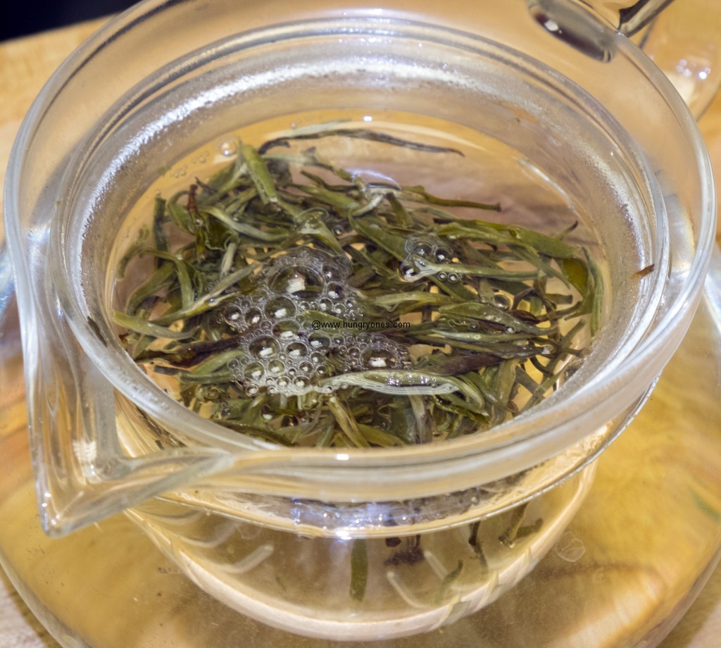 Silver Needle tea steeping.