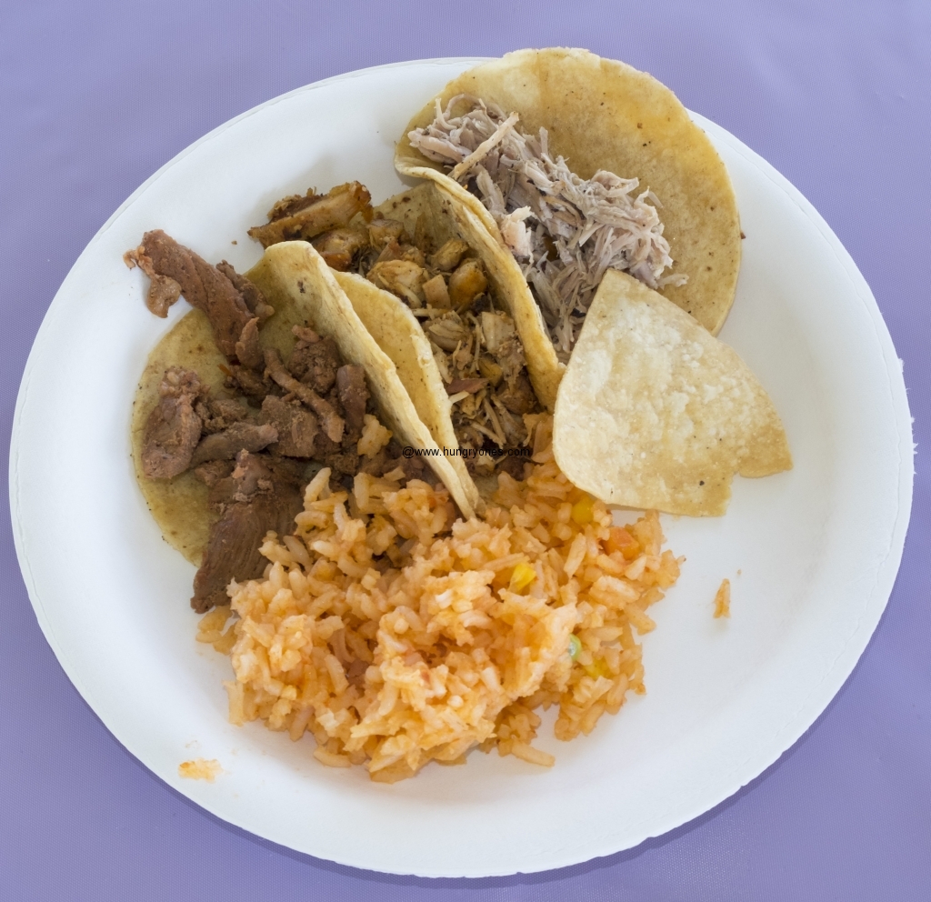Carne asada, chicken, & carnitas tacos.