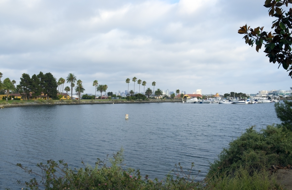 San Diego Bay next to parking lot.